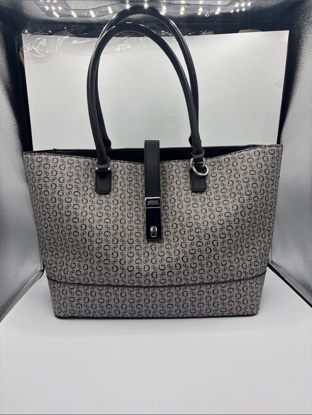 Guess Beige and Black Logo Tote Bag